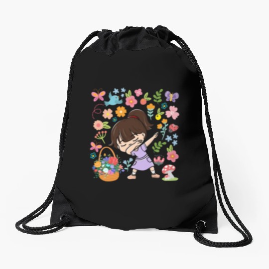 Dabbing Girl Hippie Flower Bouquet Basket Spring Drawstring Bags