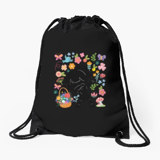 Silhouette Dabbing Girl Hippie Bouquet Spring Drawstring Bags