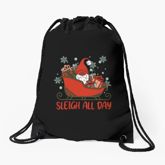 Xmas Christmas Sleigh All Day Gnome Drawstring Bags