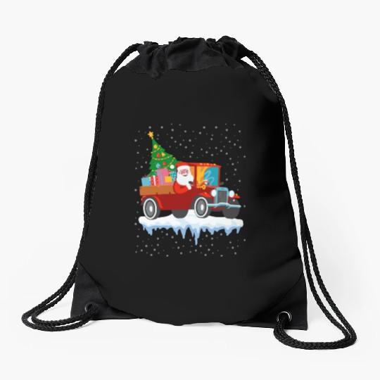 Red jeep pine tree Funny Merry Christmas family Drawstring Bags
