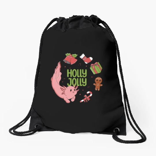 Holly Jolly Axolotl Drawstring Bags
