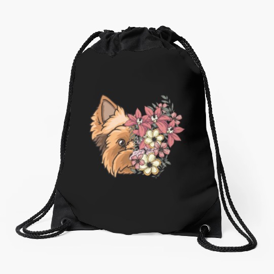 Yorkshire Terrier Dog Yorkie Face Flowers Drawstring Bags
