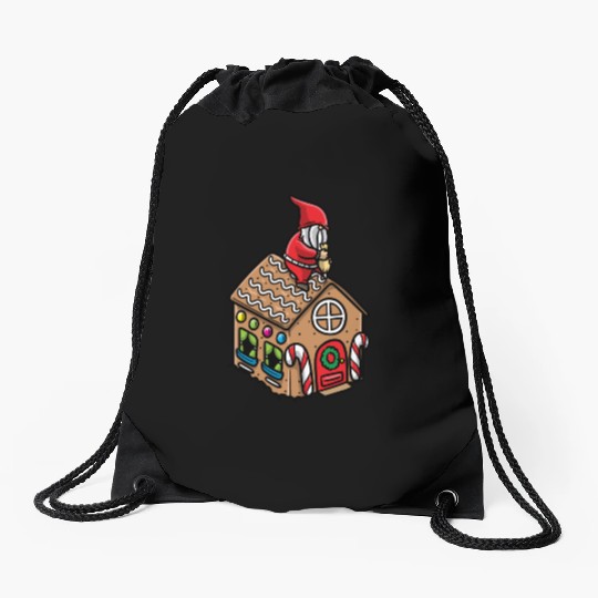 Christmas Gnome Gingerbread House Candy Cane Drawstring Bags