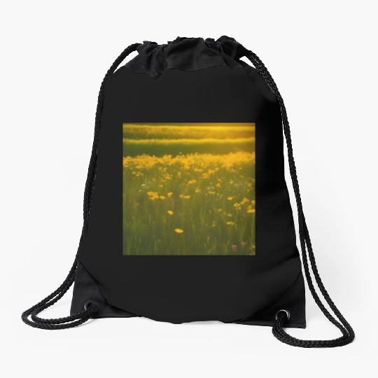 Lovely Yellow Flowers and Green Grass Drawstring Bags
