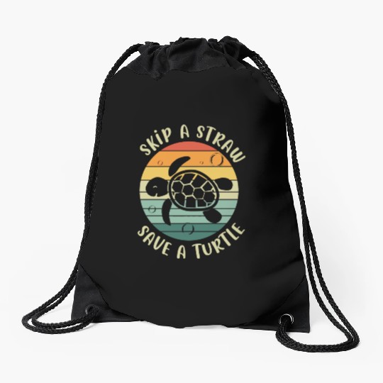 Skip A Straw Save A Turtle Retro Sunset Sea Turtle Drawstring Bags
