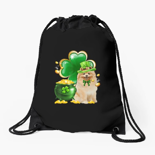 Pomeranian Dog Shamrock St Patricks Day Drawstring Bags