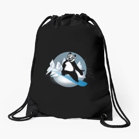 cool panda bear is snowboarding in the mountains Drawstring Bags