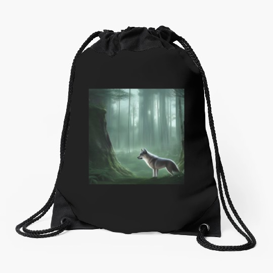 White wolf in the forest Drawstring Bags