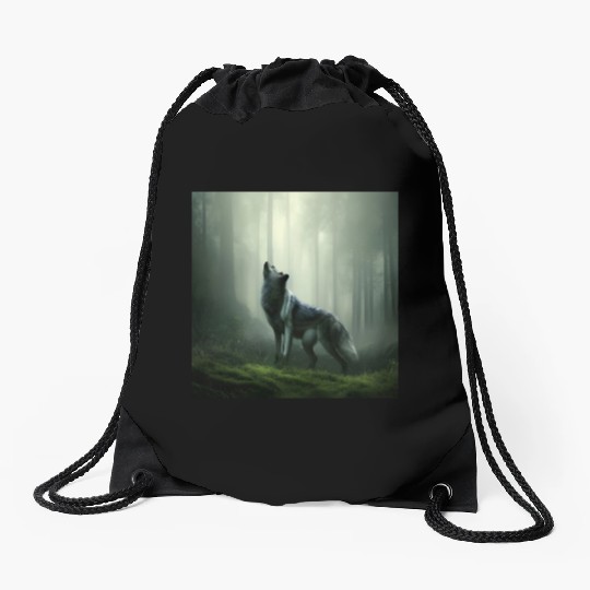 Howling wolf at midnight Drawstring Bags