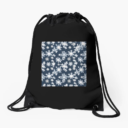 Snow pattern on navy blue background Drawstring Bags