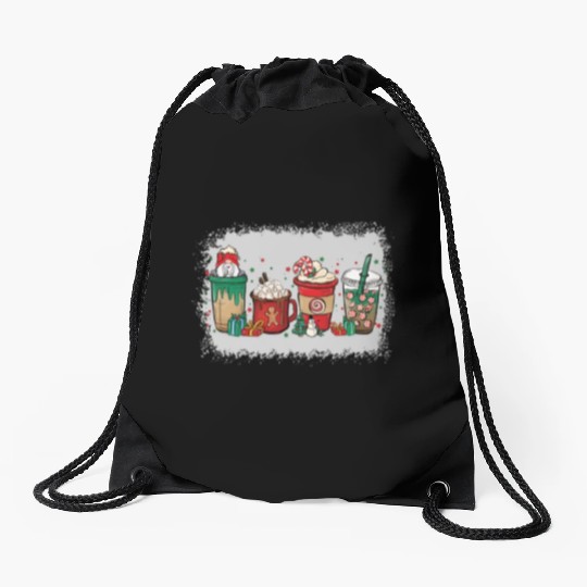 Christmas Coffee Cup Bleached Drawstring Bags