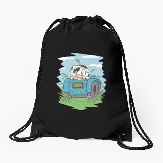 Cow eating grass tractor Cow eating grass tractor Drawstring Bags