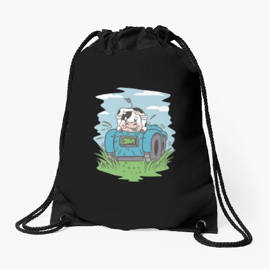 Cow eating grass tractor Cow eating grass tractor Drawstring Bags