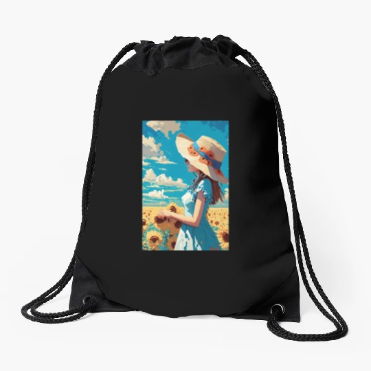 Sunflower girl summer Drawstring Bags