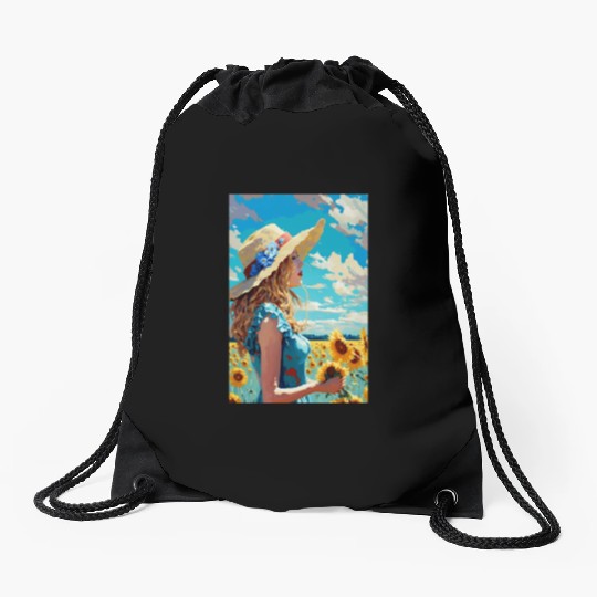Sunflower girl summer Drawstring Bags