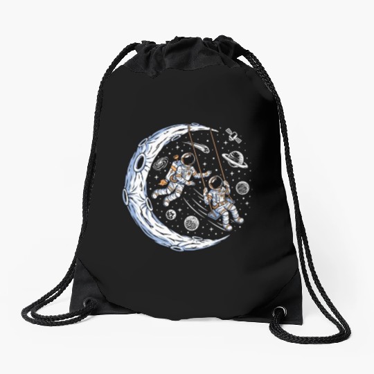 Astronauts on swing on moon Drawstring Bags
