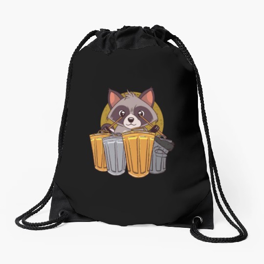 Raccoon Playing Drums Using Trash Cans - Funny Drawstring Bags