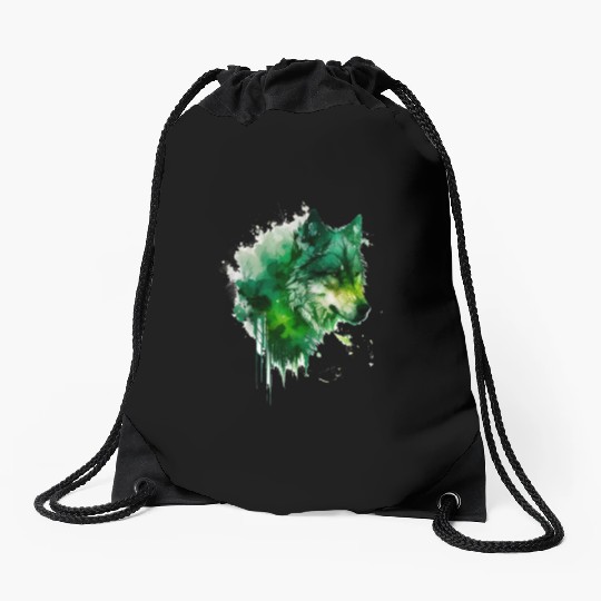 Green wolf Drawstring Bags