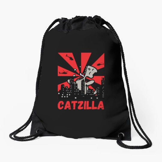Catzilla funny cat Japanese Sunset Drawstring Bags