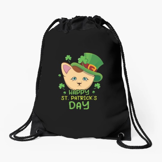 Kawaii Cat Happy Saint Patrick Day Drawstring Bags