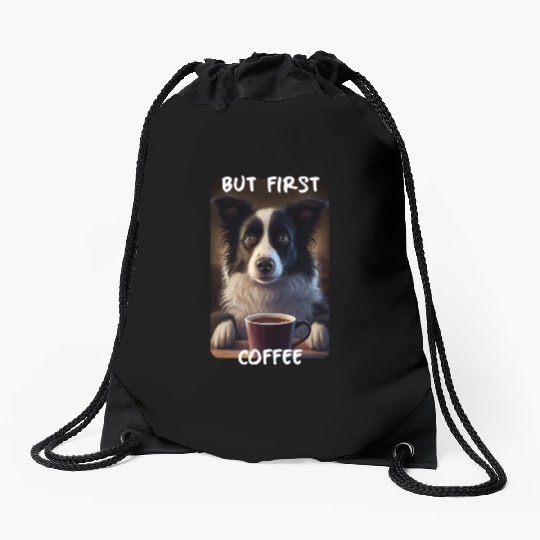 Border Collie - But First Coffee (en) 2 Drawstring Bags