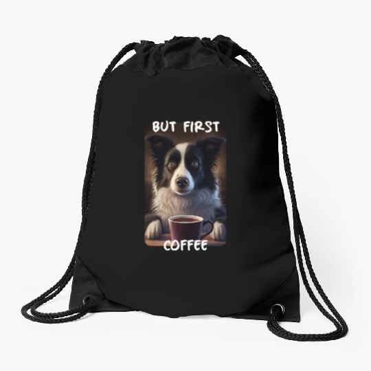 Border Collie - But First Coffee (en) 2 Drawstring Bags