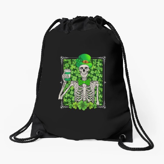 St Patrick's Day Skeleton Shamrock Lucky Drawstring Bags
