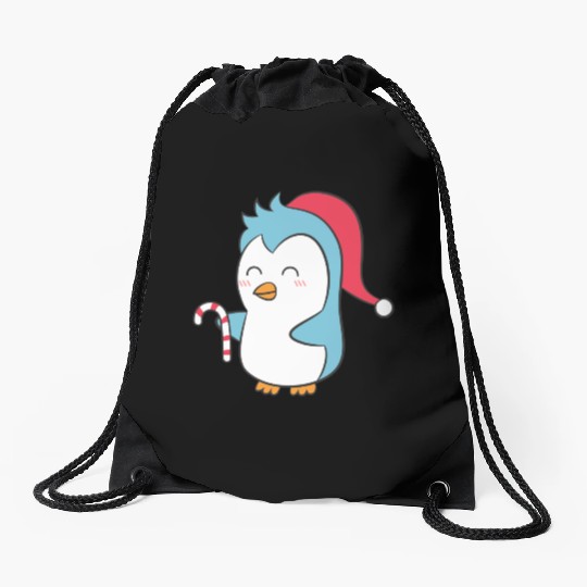 Cute Penguin with Christmas Hat and Candy Cane Drawstring Bags