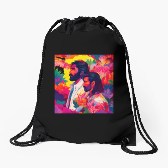 Two men standing in colorful psychedelic nature Drawstring Bags