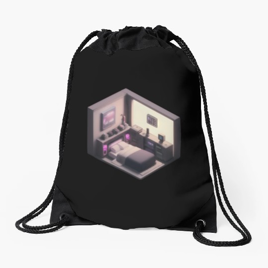 Isometric Bedroom - Synthwave Retro Future Room Drawstring Bags