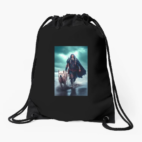 Viking Warrior and Wolf Ultra Realistic Poster Drawstring Bags