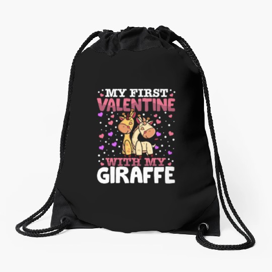 My First Valentine With My Giraffe Animal Heart Drawstring Bags