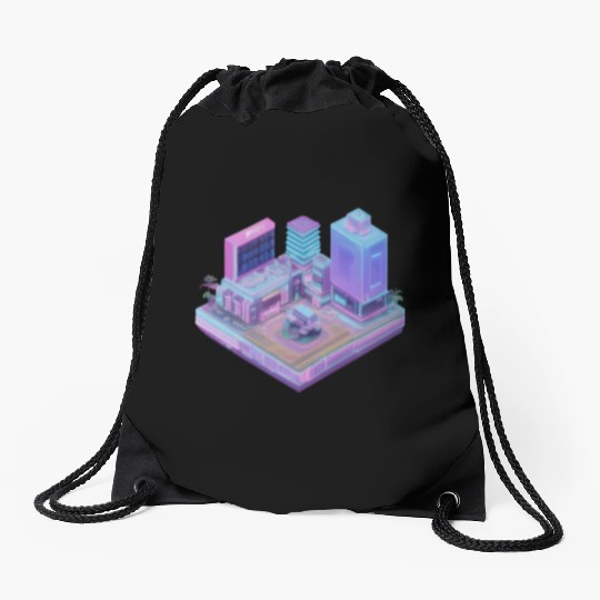 Future Cityscape - 3D Isometric Vaporwave Drawstring Bags