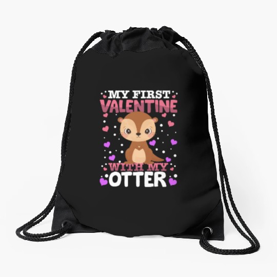 My First Valentine With My Otter Animal Heart Drawstring Bags