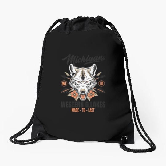 Western great lakes Michigan home of the wolf Drawstring Bags