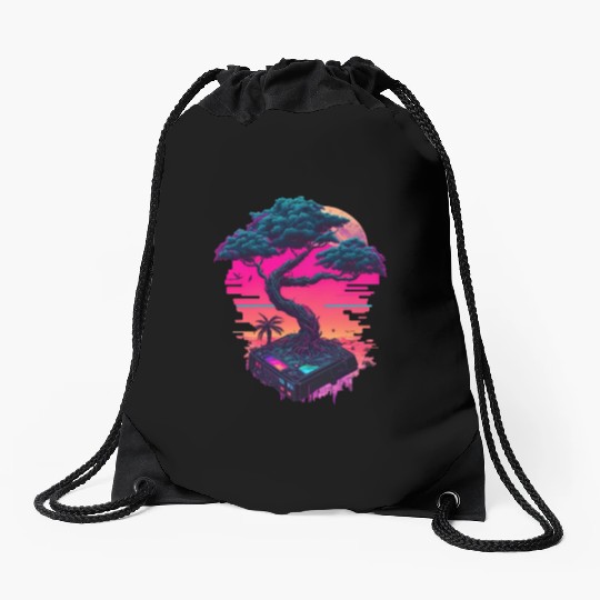 Synthwave Bonsai Tree Drawstring Bags