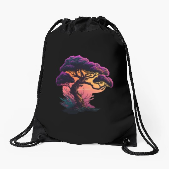 Synthwave Bonsai Tree Drawstring Bags