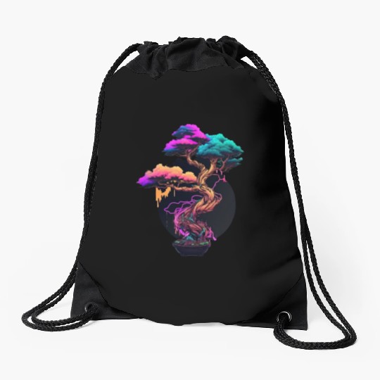 Synthwave Bonsai Tree Drawstring Bags