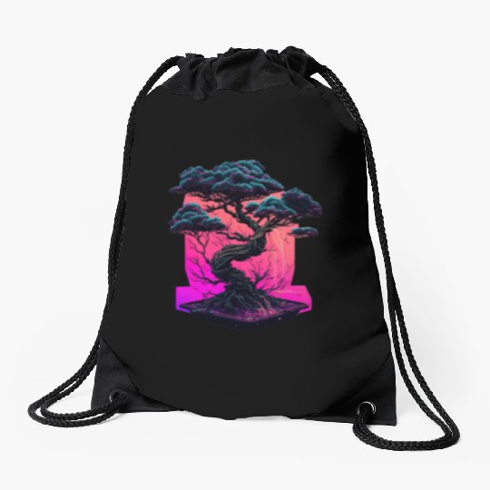 Synthwave Bonsai Tree Drawstring Bags