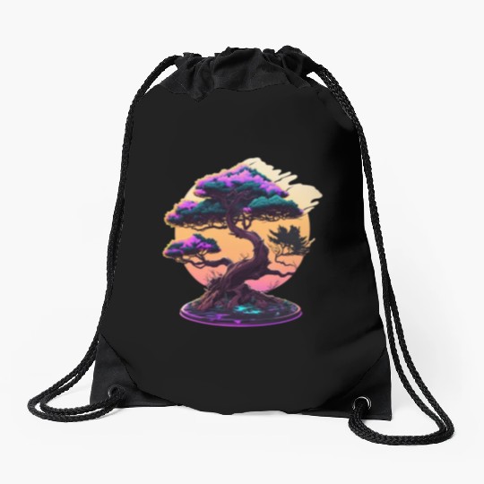 Synthwave Bonsai Tree Drawstring Bags