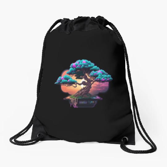 Synthwave Bonsai Tree Drawstring Bags