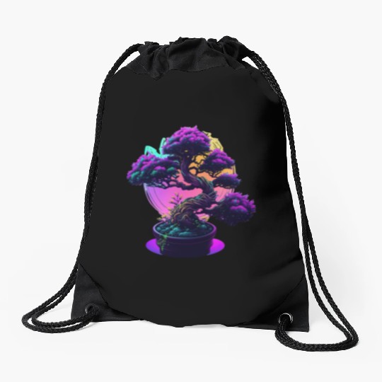Synthwave Bonsai Tree Drawstring Bags
