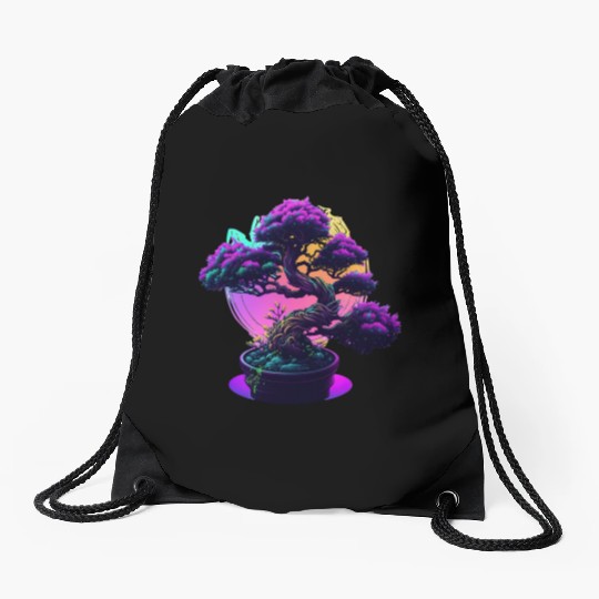 Synthwave Bonsai Tree Drawstring Bags