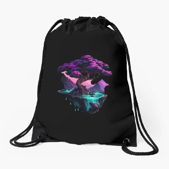 Synthwave Bonsai Tree Drawstring Bags