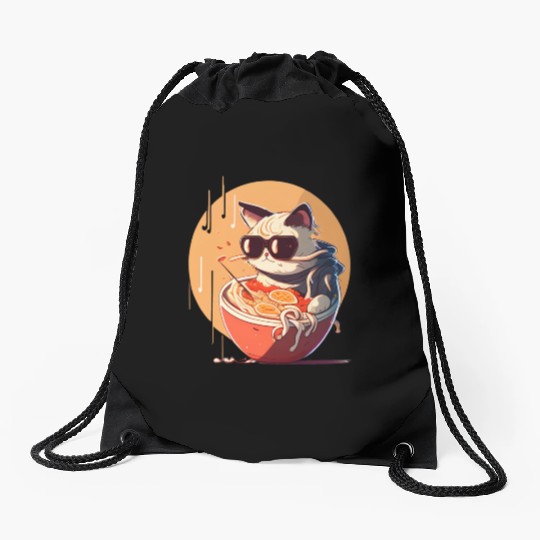 cat eating Chinese food,cute design for Meow lover Drawstring Bags