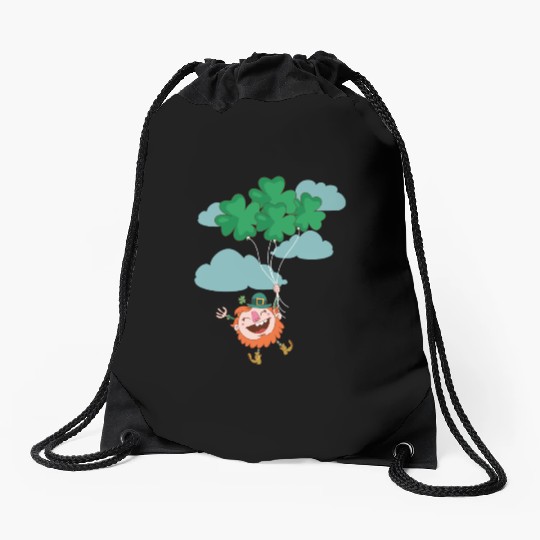 Lerechaun Hanging On Clover Balloons - St Patricks Drawstring Bags