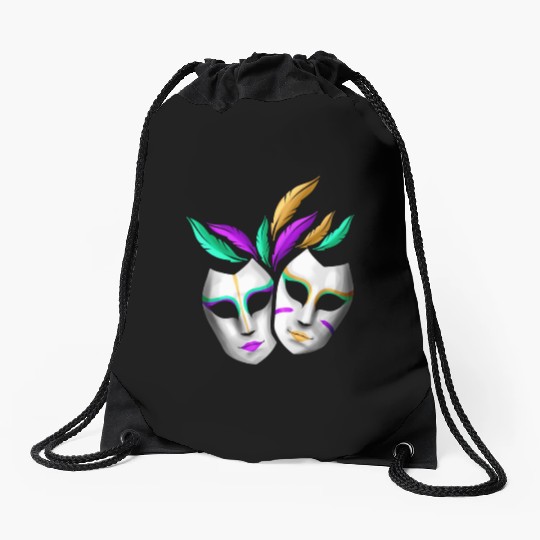 Pair Of White Masks With Feathers For Mardi Gras Drawstring Bags
