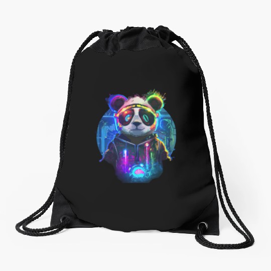 Futuristic Frenzy: Neon Panda Pop Art | light Drawstring Bags