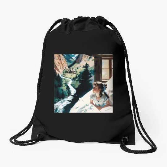 A painting girl sitting a bed looking out a windo Drawstring Bags
