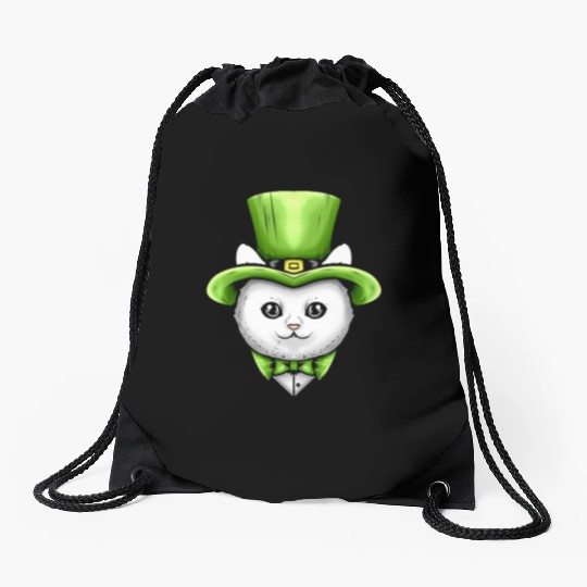 Cute Kawaii Cat With Leprechauns Hat On St Drawstring Bags